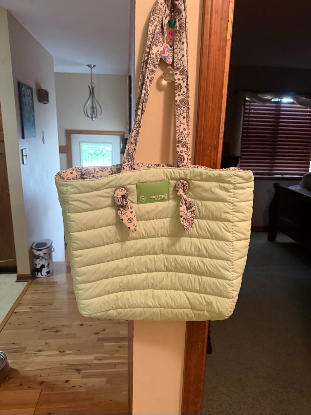 Light Green Quilted Tote Bag with Floral Handles